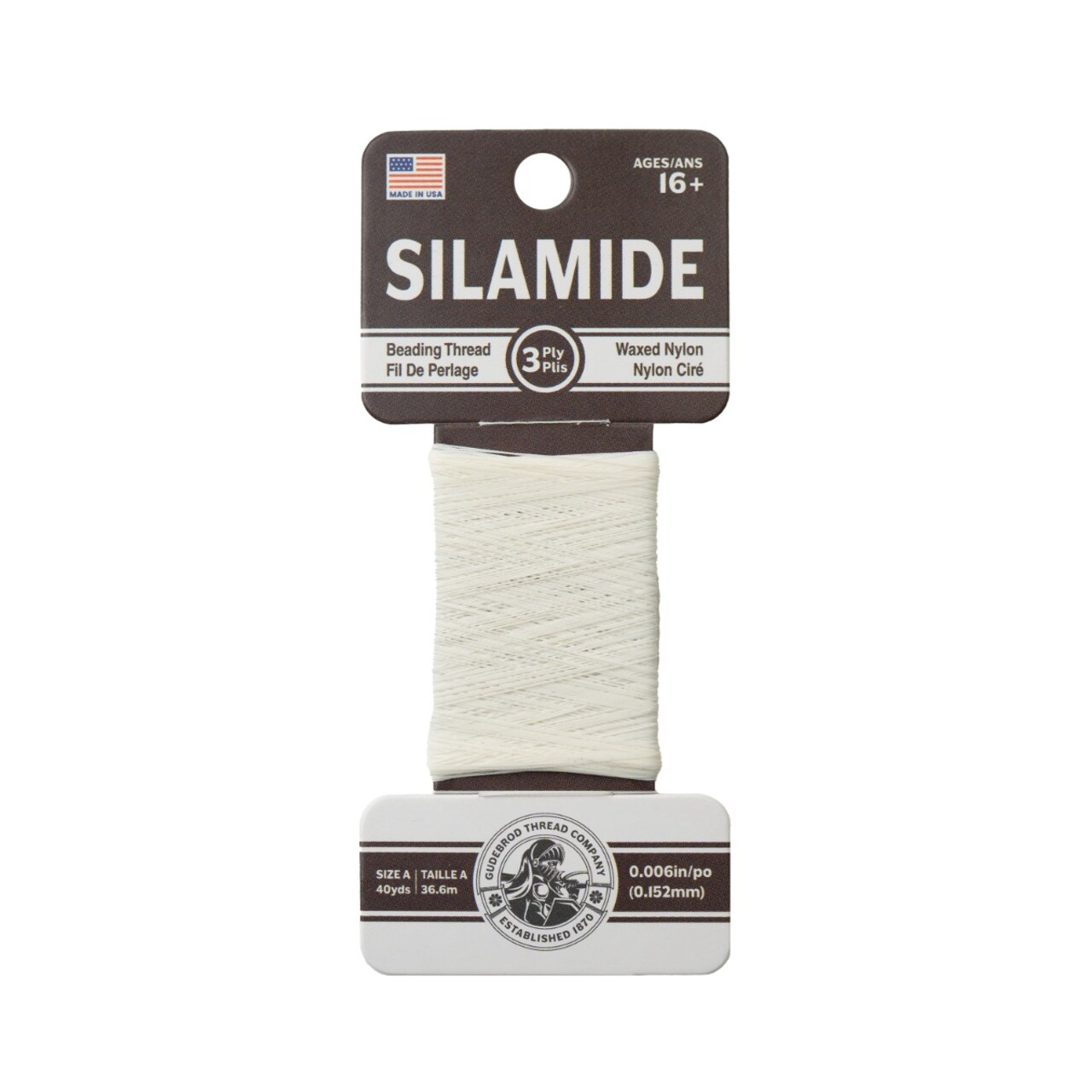 Gudebrod Silamide Size A | Made in USA Waxed Beading Thread, 40yd